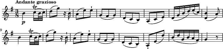 
\relative c'' {
 \version "2.18.2"
 \key g \major 
 \time 3/8
 \tempo "Andante grazioso"
   b4\p c16\trill (b32 c)
   d8 (g) r16 b,16-!
   a8 (e') e-!
   g, (fis g)
   d (c b)
   a (c e)
   d16 (g b d) e (c)
   <d, b'>4 (a'8)
   b4 c16\trill (b32 c)
   d8 (g) r16 b,16-!
   a8 (e') e-!
   g, (fis g)
   d (c b)
   a-! e' ( d')
   b16 (d g, b a fis)
   g4 r8
}
