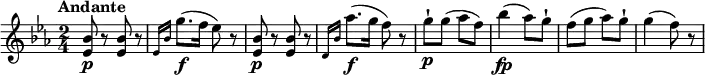 \relative c' {
\version "2.18.2"
\clef "treble"
\key ees \major
\time 2/4
\tempo "Andante"
<ees bes'>8 \p r8 <ees bes'>8 r8
\grace {ees16 bes'16} g'8. \f (f16 ees8) r8
<ees, bes'>8 \p r8 <ees bes'>8 r8
\grace {d16 bes'16} aes'8. \f (g16 f8) r8
g-!\p g (aes f)
bes4\fp (aes8) g-!
f (g aes) g-!
g4 (f8) r8
}