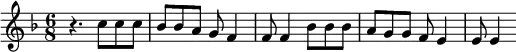 \relative c'' {
\numericTimeSignature
\key f \major \time 6/8
r4. c8 c8 c8 bes8 bes8 a8 g8 f4 f8 f4 bes8 bes8 bes8 a8 g8 g8 f8 e4 e8 e4 \relative c'' {
}}