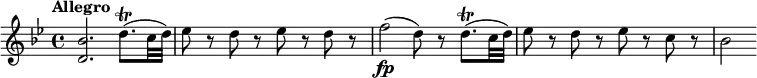 \relative c'' {
\override Score.NonMusicalPaperColumn #'line-break-permission = ##f
\key bes \major
\tempo "Allegro" \set Score.tempoHideNote = ##t \tempo 4 = 144
<bes d,>2. d8.\trill( c32 d) |
es8 r d r es r d r |
f2\fp( d8) r d8.\trill( c32 d) |
es8 r d r es r c r |
bes2
}