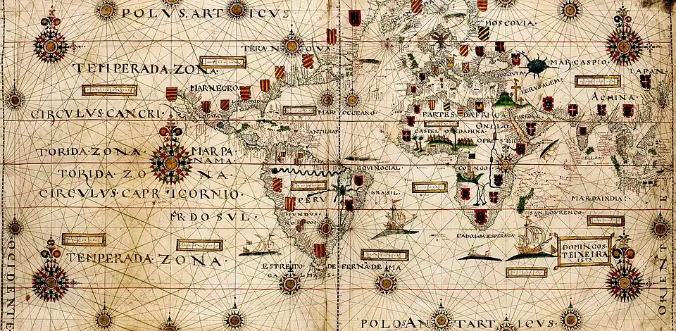 Esquema de construcción de las líneas de rumbo con doble hexadecágono en el planisferio de Texeira