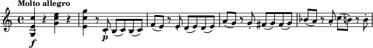 \relative c'' {
\key c \major
\tempo "Molto allegro"
<c e, g,>\f r <e c g> r <g c, e,> r8 c,,-.\p b (c) b (c) f (e) r e-. d (e) d (e) a (g) r g-. fis (g) fis (g) bes (a) r a-. c (b) r b-.
}