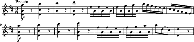 
\relative c'' {
 \version "2.18.2"
 \key d \major 
 \tempo "Presto"
 \time 3/8
   <d, a' a'>4\f r8
   <d b'  b'>4 r8
   <a' cis'>4 r8
   <d, a' d'>4 r8
   fis'16 a, fis' a, e' a,
   fis'16 a, g' a, a' a,
   b' a g fis e d
   cis b a g fis e
   <d a' a'>4\f r8
   <d b'  b'>4 r8
   <a' cis'>4 r8
   <d, a' d'>4 r8
   fis'16 a, fis' a, e' a,
   fis'16 a, g' a, a' a,
   b'8 d, (cis)
   <d, d'>4 r8
}
