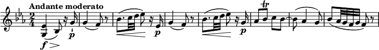 
\relative c'' {
  \key ees \major
  \time 2/4
  \tempo "Andante moderato"
  \tempo 4 = 50
  <g, ees'>4\f\> (bes8)\!  r16 g'16-!\p
  g4 (f8) r8
  bes8. \< (c32 d ees8)\! r16 ees,16\p
   g4 (f8) r8
   bes8. \< (c32 d ees8)\! r16 g,16\p
   aes8 bes\trill c bes ~
   bes (aes4 g8)
   bes (aes32 g f g f8) r8
}
