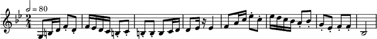 { \time 2/4 \key g \minor \tempo 2=80 \relative c' { g8 b16 d16 f8 -. d8 -. f16 ees16 d16 c16 b8 -. c8 -. b8
-. b8 -. b8 c16 d16 d8 ees16 r16 ees4 f8 a16 c16 ees8 -. c8 -. ees16 d16
c16 bes16 a8 -. bes8 -. g8 -. ees8 -. f8 -. f8 -. bes,2} }