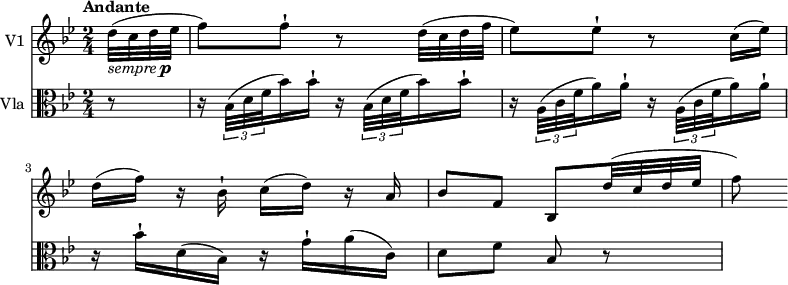 << \new Staff \with { instrumentName = #"V1 "}
\relative c' {
\version "2.18.2"
\tempo "Andante"
\time 2/4
\key bes \major
\tempo 4 = 70
\partial 8 d'32_\markup { \italic sempre \dynamic p } ( c d ees f8) f-! r
d32 ( c d f ees8) ees-! r c16 (ees )
d (f) r bes,-! c (d) r a
bes8 f bes, d'32 ( c d ees f8)
}
\new Staff \with { instrumentName = #"Vla "} \relative c' {
\key bes \major
\clef "alto"
\partial 8 r8 \repeat unfold 2 { r16 \tuplet 3/2 {bes32 (d f} bes16) bes-!}
\repeat unfold 2 { r16 \tuplet 3/2 {a,32 (c f} a16) a-!}
r16 bes-! d, (bes) r g'-! a (c,)
d8 f bes, r
}
>>