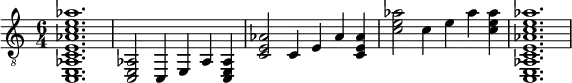  {
\clef "treble_8"
\time 6/4
< c, e, aes, c e aes c' e' aes' >1.
||
< c, e, aes, >2
<c,>4
<e,>4
<aes, >4
< c, e, aes, >4
||
< c e aes >2
<c >4
<e >4
<aes  >4
< c e aes >4
||
<c' e' aes' >2
<c' >4
<e' >4
<aes' >4
< c' e' aes' >4
||
<c, e, aes, c e aes c' e' aes'>1.
}
