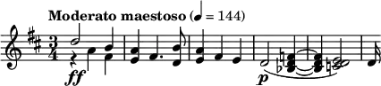 \relative c'' { \clef treble \key d \major \time 3/4 \tempo "Moderato maestoso" 4 = 144 << { d2\ff b4 } \\ { r4 a fis } >> <a e> fis4. <b d,>8 | <a e>4 fis e | d2(\p <f d bes>4~ | <f d bes> <e d c>2) | d16 }