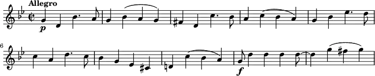 \relative c'' {
\key bes \major
\tempo "Allegro"
\time 2/2
\tempo 4 = 140
g4 \p d bes'4. a8
g4 bes (a g)
fis d c'4. bes8
a4 c (bes a)
g bes ees4. d8
c4 a d4. c8
bes4 g ees cis
d! c' (bes a)
g8\f d'4 d d d8~ d4 g (fis g)
}