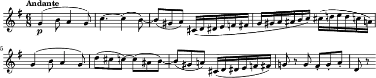 
\relative c'' {
 \version "2.18.2"
  \key g \major
  \time 6/8
  \tempo "Andante"
  \tempo 4 = 60
   g4 \p  (b8 a4 g8)
   c4.~ c4 (b8)~
   b8 (gis a) cis,16 (d dis e f fis g gis a ais b c) cis (d! e d c a)
   g4  (b8 a4 g8)
   d' (cis c)~ c (ais b) ~ b (gis a!) cis,16 (d dis e f fis)
   g!8 r8 g fis-. g-. a-. d, r8
}

