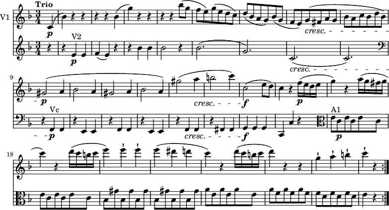 <<
\new Staff \with { instrumentName = #"V1 "} \relative c'' {
\version "2.18.2"
\key f \major
\tempo "Trio"
\tempo 4 = 130
\time 3/4
\partial 4 c,4 \p (bes') r r
r r bes (g') r r
r r bes8 (g f e) g (e d c)
d (bes a g) bes (g f e) g \cresc (fis a g bes a c bes d bes)
gis2\p (a4 bes2 a4 gis2 a4 bes2 a4)
gis'2 (a4 \cresc b2 c4)
c,2\f (e8 d)
c4 r f16\p (e d e g4) r a16 (g fis g c4) r
d16 (c b c e4) e-! e-! e (dis d c) r d16 (c b c d4) r r
g,-! a-! b-! c-! r \bar ":|."
}
\relative c'' {
\key f \major
\clef "treble"
\time 3/4
\partial 4 r4 r e,\p^ \markup {V2} e f (e) r r bes' bes bes2 r4
bes2. (g) c,\cresc (c)
\clef "bass" r4 f,,\p ^ \markup {Vc} f r e e r f f r e e r f \cresc f r fis fis
g\f g g c, c' r
\clef "alto" e'8^ \markup {A1} c\p \repeat unfold 5 {e c }
\repeat unfold 6 {bes gis' } \repeat unfold 3 {a e } \repeat unfold 3 {a f} \repeat unfold 3 {f d }
e4 r
}
>>
