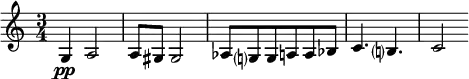 
\relative c' {
  \key c \major \time 3/4
  g4\pp a2| 
a8 gis gis2|
 as8 g? g a a bes |  
  c4. b? | c2 |
   |
}

