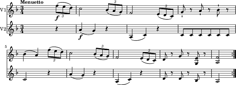 <<
\new Staff \with {
instrumentName = #"V1"
}
\relative c'' {
\version "2.18.2"
\clef "treble"
\tempo "Menuetto"
\key f \major
\time 3/4
\tempo 4 = 110
s2 \tuplet 3/2 {f8\f (e d)}
c2 \tuplet 3/2 {bes8 (a g)}
f2 \tuplet 3/2 {e8 (d c)}
g'-! r8 a-! r8 bes8-! r8
bes4 (a) \tuplet 3/2 {f'8 (e d)}
c2 \tuplet 3/2 {bes8 (a g)}
f2 \tuplet 3/2 {e8 (d c)}
d8 r8 g8 r8 <g, e'>8 r8
<a f'>2 \bar ":|."
}
\new Staff \with {
instrumentName = #"V2" }
\relative c'' {
\clef "treble"
\tempo "Andante"
\key f \major
\time 3/4
s2 r4
a4\f (g) r4
a, (c) r4
c8 c c c c c
c2 r4
a'4 (g) r4
a, (c) r4
d8 r8 d8 r8 bes8 r8
a2 \bar ":|."
}
>>