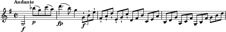 
\relative c'' {
  \version "2.18.2"
  \key g \major
   \time 2/2
  \tempo "Andante"
  g,2 \f bes''8\p (g) c (a)
  d4. \fp (b8) g4 \tuplet 3/2 { g,8-!\f b-! e-! } \scaleDurations 2/3 { fis,8-! [a-! d-!] } \scaleDurations 2/3 {e,-! [g-! c-!]} \scaleDurations 2/3 {d, [fis b]} \scaleDurations 2/3 {c, [e a]}
  \scaleDurations 2/3 {b, [d g]} \scaleDurations 2/3 {a, [c fis]} \scaleDurations 2/3 {g, [b fis']} \scaleDurations 2/3 {g [b d]}
}
