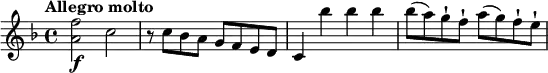 \relative c''{
\version "2.18.2"
\key f \major
\tempo "Allegro molto"
\time 4/4
\tempo 4 = 140
<a f'>2\f c
r8 c bes a g f e d
c4 bes'' bes bes
bes8 (a) g-! f-! a (g) f-! e-!
}