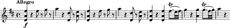 
\relative c'' {
 \version "2.18.2"
 \key d \major
 \tempo "Allegro"
   <fis a, d,>4\f r fis8 r g r |
   a4 r <d, d,>8 r <e a,> r |
   <fis a, d,>4 r fis8 r g r |
   a4 r <d, d,>8 r <e a,> r |
   <fis a, d,>4 r <fis a, d,> fis8.(\trill e32 fis) |
   g4 r <a, g'>4 g'8.(\trill fis32 g) |
   a4 r
}
