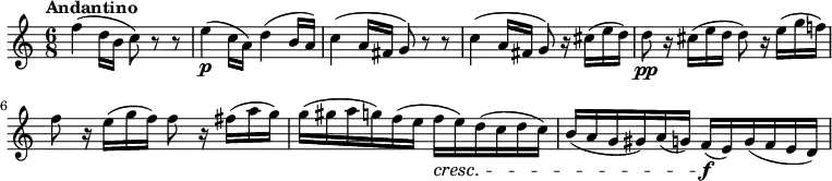 \relative c'' {
\version "2.18.2"
\clef "treble"
\key c \major
\time 6/8
\tempo "Andantino"
f4 (d16 b c8) r8 r8
e4 \p (c16 a) d4 (b16 a)
c4 (a16 fis g8) r8 r8
c4 (a16 fis g8) r16 cis16 (e d)
d8 \pp r16 cis16 (e d d8) r16 e16 (g f!)
f8 r16 e16 (g f) f8 r16 fis16 (a g)
g (gis a g) f (e f\cresc e) d (c d c)
b (a g gis) a (g) f\f (e) g (f e d)
}