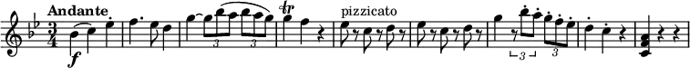 \relative c' {
\version "2.18.2"
\clef "treble"
\key bes \major
\time 3/4
\tempo "Andante"
bes'4 \f (c) ees -.
f4. ees8 d4
g4~ \tuplet 3/2 {g8 bes (a} \tuplet 3/2 {bes a g)}
g4 \trill f r4
ees8^\markup { pizzicato } r8 c r8 d r8
ees r8 c r8 d r8
g4 \tuplet 3/2 {r8 bes-. a-.} \tuplet 3/2 {g-. f-. ees-.}
d4-. c-. r4
<c, f a> r4 r4
}