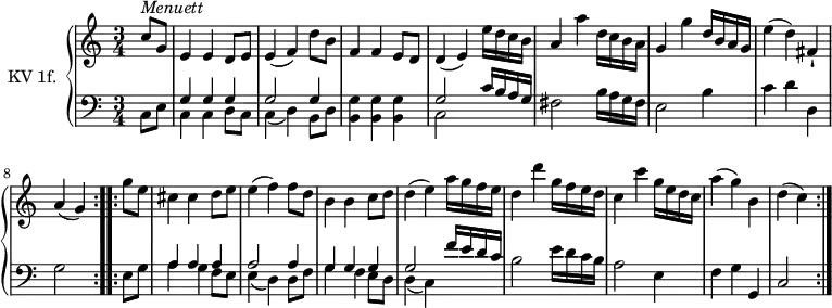 \version "2.14.2"
\header {
tagline = ##f
}
upper = \relative c'' {
\clef treble
\key c \major
\tempo 4 = 110
\time 3/4
\set Staff.midiInstrument = #"dulcimer"
\partial 4
\repeat volta 2 {
c8^\markup \italic { Menuett } g | e4 e d8 e | e4 (f) d'8 b | f4 f e8 d| d4 (e) e'16 d c b| a4 a' d,16 c b a | g4 g' d16 b a g| e'4 (d) fis,-!| a4 (g)
}
\repeat volta 2 {
g'8 e | cis4 cis d8 e | e4 (f) f8 d b4 b c8 d | d4 (e) a16 g f e | d4 d' g,16 f e d | c4 c' g16 e d c | a'4 (g) b, | d (c)
}
}
lower = \relative c {
\clef bass
\key c \major
\time 3/4
\set Staff.midiInstrument = #"harpsichord"
\partial 4
\repeat volta 2 {
c8 e | << \relative { g4 g g } \\ \relative c' { c, c d8 c } >> | << \relative { g2 g4 } \\ \relative c { c (d) b8 d } >> |
<< b4 g'>> << b, g'>> << b, g'>> | << \relative { g2 c16 b a g } \\ \relative c { c2 s4 } >> |
fis2 b16 a g fis | e2 b'4 | c d d, | g2
}
\repeat volta 2 {
e8 g | << \relative { a4 a a } \\ \relative c { a' g f8 e } >>
| << \relative { a2 a4 } \\ \relative c { e4 (d) d8 f } >>
| << \relative { g4 g g } \\ \relative c' { g f e8 d } >>
| << \relative { g2 f'16 e d c } \\ \relative c { d4 (c) s4 } >>
| b2 e16 d c b | a2 e4 | f g g,| c2
}
}
\score {
\new PianoStaff <<
\set PianoStaff.instrumentName = #"KV 1f."
\new Staff = "upper" \upper
\new Staff = "lower" \lower
>>
\layout {
\context {
\Score
\remove "Metronome_mark_engraver"
}
}
\midi { }
}