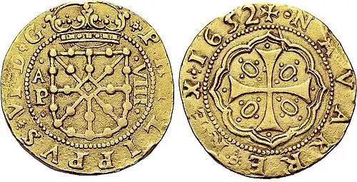 Moneda de 8 escudos de Felipe VI de Navarra (IV de Castilla), 1652.