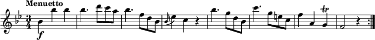 
\relative c'' {
 \version "2.18.2"
 \key bes \major
 \time 3/4
 \tempo "Menuetto"
   bes4\f bes' bes
   bes4. d8 c a
   bes4.  f8 d bes
   \grace bes16 (ees4) c r4
   bes'4. g8 d bes
   c'4. g8 e c
   f4 a, g  \trill
   f2 r4 \bar ":|."
  }
