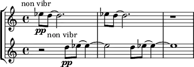 \new StaffGroup <<
\new Staff \relative c'' {
\bar ""
\override TextScript #'X-offset = #-5
es8\pp^"non vibr" d~ d2. |es8 d~ d2.|r1|


}
\new Staff \relative c'' {
\override TextScript #'X-offset = #-5
r2 d8\pp^"non vibr" es~ es4~ | es2 d8 es~ es4~| es1 |

}
>>