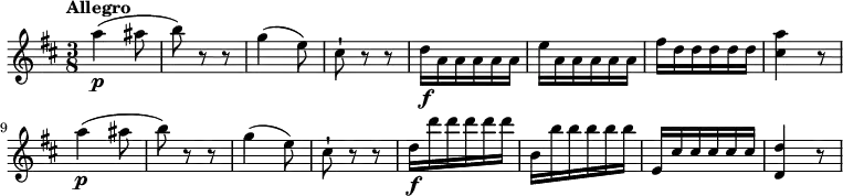 \relative c'' {
\clef "treble"
\key d \major
\time 3/8
\tempo "Allegro"
a'4\p (ais8 b) r8 r8
g4 (e8) cis-!) r8 r8
d16\f a a a a a
e' a, a a a a
fis' d d d d d
<<cis4 a'>> r8
a4\p (ais8 b) r8 r8
g4 (e8) cis-!) r8 r8
d16\f d'd d d d
b, b' b b b b
e,, cis' cis cis cis cis
<<d,4 d'>> r8
}
