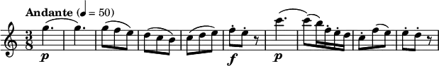 \relative c'' {
\version "2.18.2"
\key c \major
\numericTimeSignature
\time 3/8
\tempo "Andante" 4 = 50
g'4.\p (g4.)
g8 (f e) d (c b) c (d e)
f-.\f e-. r8
c'4.\p (c8) (b16) f-. e-. d
c8-. f (e) e-. d-. r8
}
