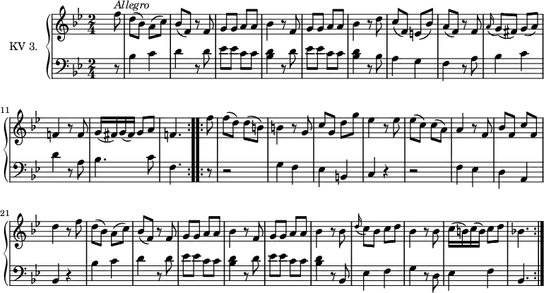 \version "2.14.2"
\header {
tagline = ##f
}
upper = \relative c'' {
\clef "treble"
\tempo "Allegro"
\key bes \major
\time 2/4
\tempo 4 = 100
\tempo "Allegro"
\set Staff.midiInstrument = #"dulcimer"
\repeat volta 2 { s4. f8^\markup \italic { Allegro }
d (bes) a (c)
bes8 (f) r8 f
g g a a
bes4 r8 f8
g g a a
bes4 r8 d8
c (f,) e (bes')
a (f) r8 f
\grace a16 (g8) (fis) g (a)
f!4 r8 f8
g16 (fis) g16 (fis) g8 a
f!4.
}
\repeat volta 2 {
f'8
f (d) d (b)
b4 r8 g8
c g d' g
ees4 r8 ees8
ees (c) c (a)
a4 r8 f8
bes f c' f,
d'4 r8 f8
d (bes) a (c)
bes (f) r8 f
g g a a
bes4 r8 f
g g a a
bes4 r8 bes8
\grace d16 (c8) bes c d
bes4 r8 bes8
c16 (b) c (b) c8 d
bes!4.
}
}
lower = \relative c {
\clef "bass"
\key bes \major
\time 2/4
\set Staff.midiInstrument = #"harpsichord"
\repeat volta 2 {
s4. r8
bes'4 c
d r8 d8
ees ees c c
<<bes4 d>> r8 d8
ees ees c c
<<bes4 d>> r8 bes8
a4 g
f r8 a8
bes4 c4
d r8 a8
bes4. c8
f,4.
}
\repeat volta 2 {
r8
r2
g4 f
ees b
c r4
r2
f4 ees
d a
bes r4
bes'4 c
d r8 d8
ees ees c c
<<bes4 d>> r8 d8
ees ees c c
<<bes4 d>> r8 bes,8
ees4 f
g r8 d8
ees4 f
bes,4.
}
}
\score {
\new PianoStaff <<
\set PianoStaff.instrumentName = #"KV 3."
\new Staff = "upper" \upper
\new Staff = "lower" \lower
>>
\layout {
\context {
\Score
\remove "Metronome_mark_engraver"
}
}
\midi { }
}