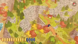 A bird gliding over an autumnal forest with pixelated aesthetic. A path leads up to the mountain. The number of available golden feathers is shown to the player.