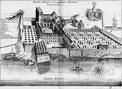 La abadía en el siglo 17, grabado en el Monasticon Gallicanum.