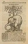 Ilustración de la pág. 320 de la edición de F. Ziletti (Venecia, 1585) del Tractado de las drogas... El último capítulo del libro trata sobre el elefante.