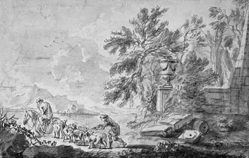 Paisaje arcadio con un rebaño de ovejas y cabras junto a un lago