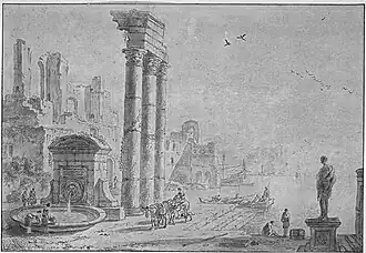 Ruinas de un templo y una ciudad a orillas de un lago