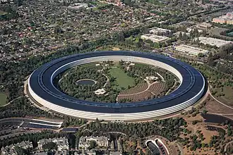Vista aérea de Apple Park, la sede corporativa de Apple Inc., Cupertino, California