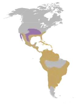 Mapa de distribución de Agraulis vanillae. Naranja: lugares donde la especie es nativa; violeta o púrpura: lugares donde se sospecha que se ha introducido recientemente.[2]​