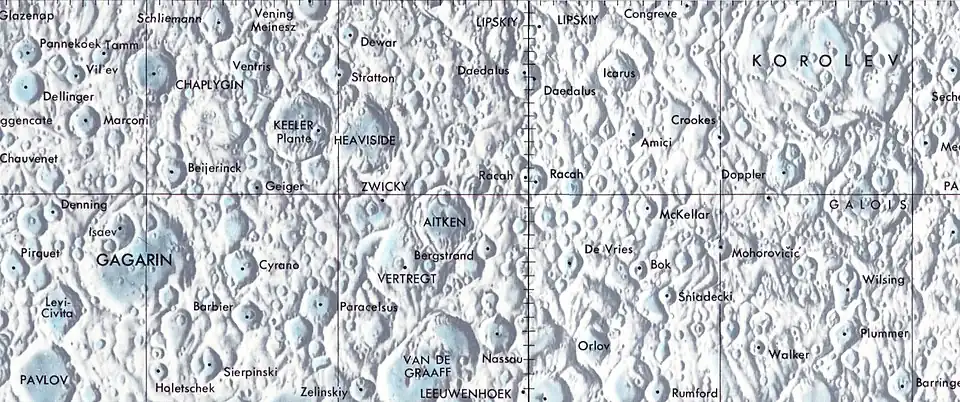 Localización de Aitken, cerca del meridiano central de la cara oculta de la Luna (centro de la imagen)