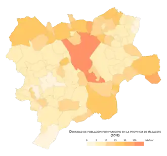 Densidad de población por municipio en 2018