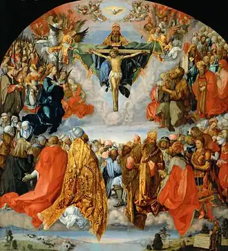 Trinidad, de Alberto Durero (1511), óleo de 135 × 123 cm conservado en el Kunsthistorisches de Viena, y del que se divulgó un grabado en xilografía, de cuya composición se deriva la Trinidad de El Greco.[3]​