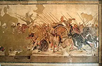 La batalla de Issos, mosaico romano hallado en Pompeya.