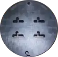 Front side of a four family die. For reference, the die is 228&nbsp;mm (9&nbsp;plg) in diameter.