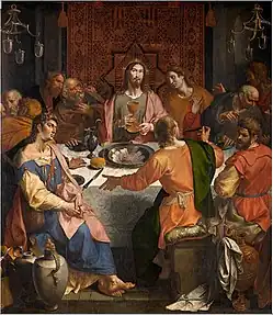 Ambrosius Francken - La Última Cena, del siglo&nbsp;XVI, Museo Real de Bellas Artes de Amberes, con una alfombra mameluca egipcia.