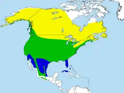 Amarillo nidificación, verde todo el año y azul áreas de invernada.