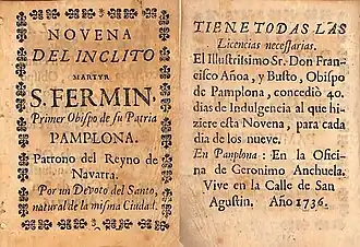 Novena a san Fermín en la que figura la calle de san Agustín como dirección de la imprenta (1736)