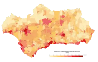 Densidad de población de los municipios andaluces en 2018[78]​