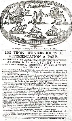 Anuncio de los últimos tres días de la temporada de 1784 del Cirque Anglais.
