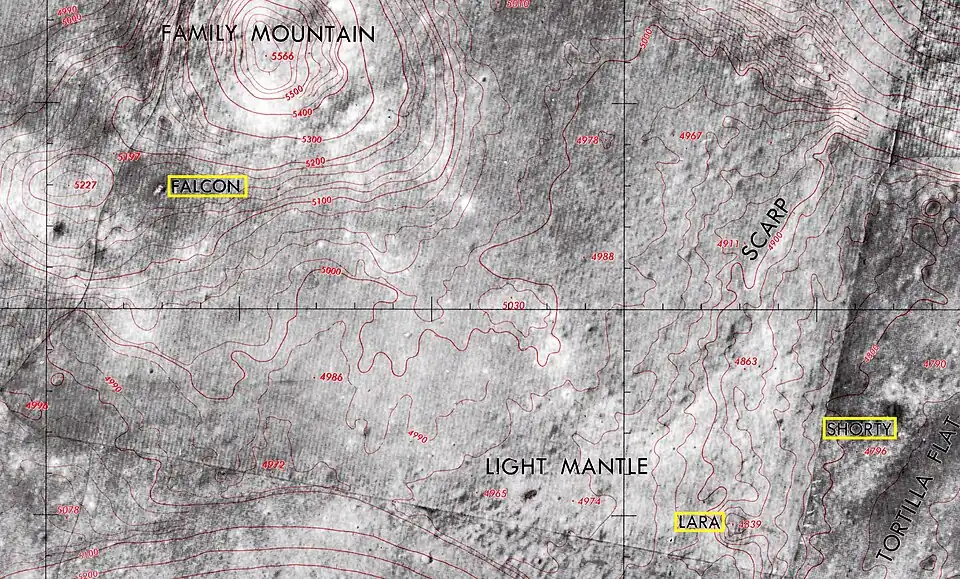 Localización de Falcon, en la esquina superior izquierda de la imagen (Lunar Topophotomap 43D1S1)