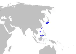 Distribución geográfica de Apristurus platyrhynchus (en azul).