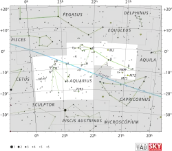 Diagram showing star positions and boundaries of the Aquarius constellation and its surroundings
