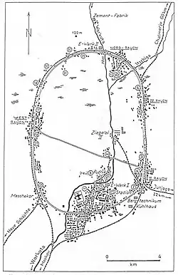 Mapa del campo de trabajo de Vorkutá (en alemán). Los números de los ejes en los círculos, Mapa trazado entre 1951-1956, imagen tomada de Geografía Tomo XI, 1957, p.&nbsp;208. Kurt Behrens: Alemanes en campos penales y prisiones en la Unión Soviética, Volumen V/1/2/3. Editorial Ernst y Werner Gieseking, Bielefeld. Múnich 1965, pág. 25
